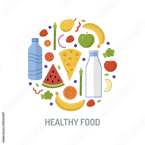 Healthy food round concept. Isolated on white background. Design element for website, graphic design and other. Vector illustration in flat design.