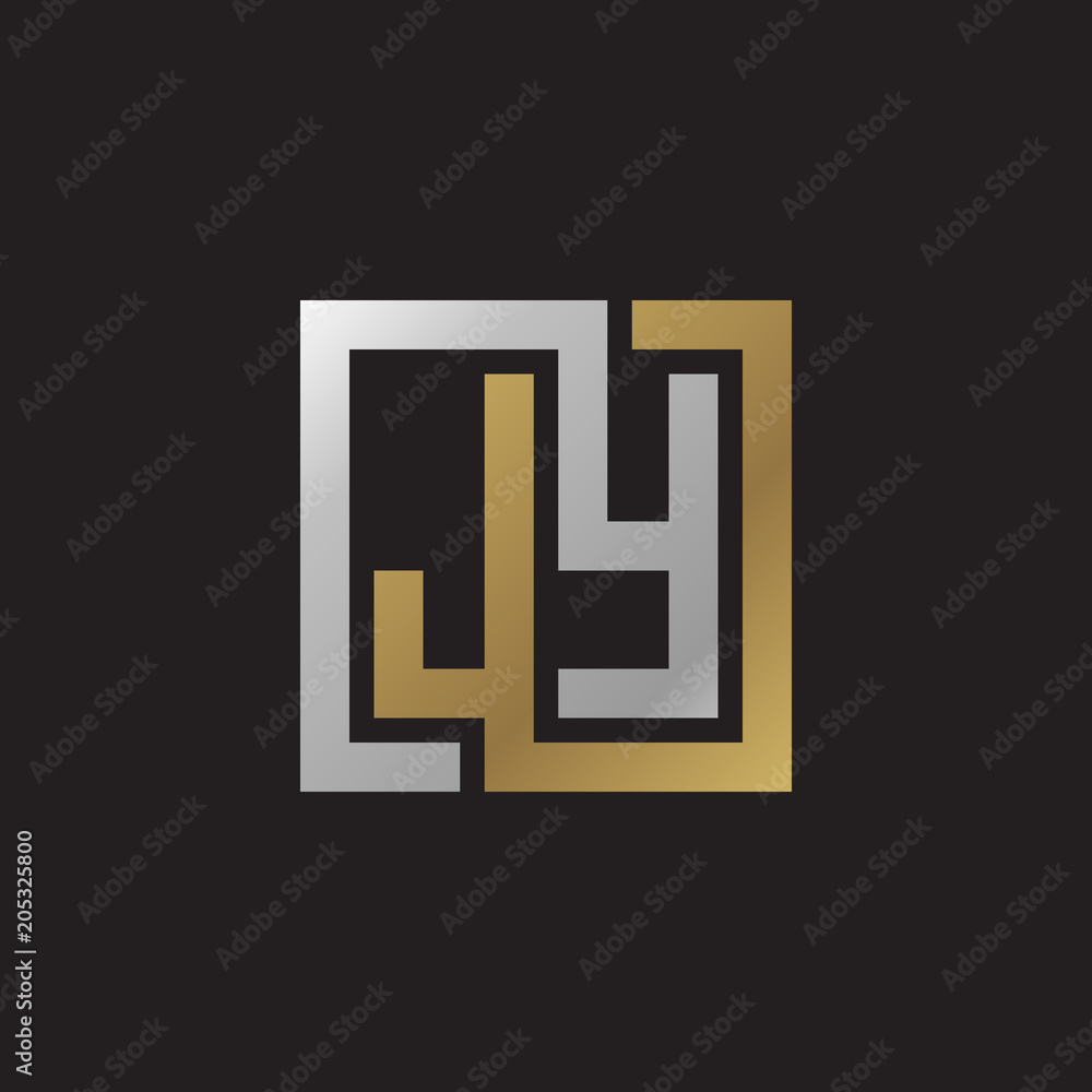 Initial letter JY, looping line, square shape logo, silver gold color on black background Initial letter JY, looping line, square shape logo, silver gold color on black background