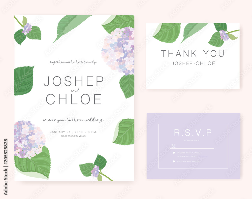 Wedding card invitation set with hydrangea flower and leaf vector template.