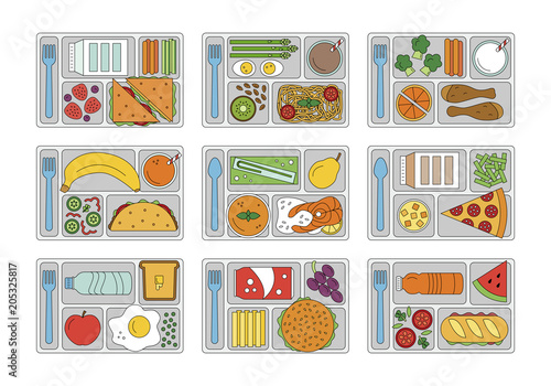 Set lunches on a tray. Line style. Healthy food. Element for tour design. Vector illustration.