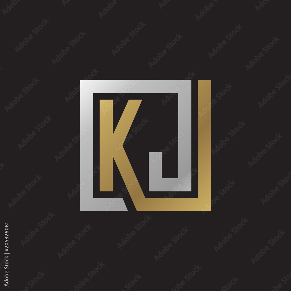 Initial letter KJ, looping line, square shape logo, silver gold color on black background Initial letter KJ, looping line, square shape logo, silver gold color on black background