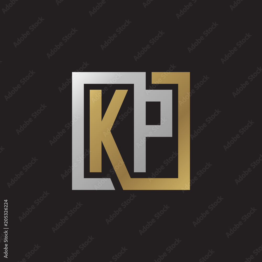 Initial letter KP, looping line, square shape logo, silver gold color on black background