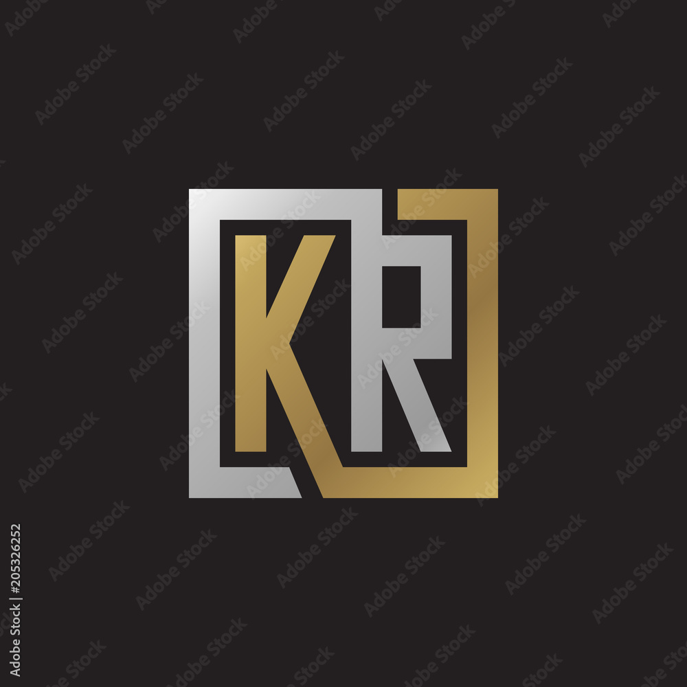 Initial letter KR, looping line, square shape logo, silver gold color on black background