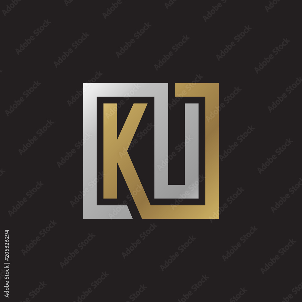 Initial letter KU, looping line, square shape logo, silver gold color on black background Initial letter KU, looping line, square shape logo, silver gold color on black background