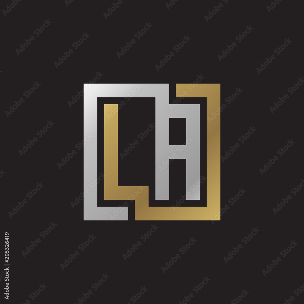 Initial letter LA, looping line, square shape logo, silver gold color on black background Initial letter LA, looping line, square shape logo, silver gold color on black background