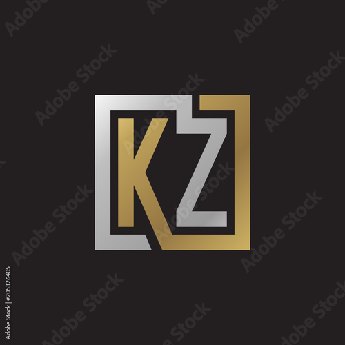 Initial letter KZ, looping line, square shape logo, silver gold color on black background