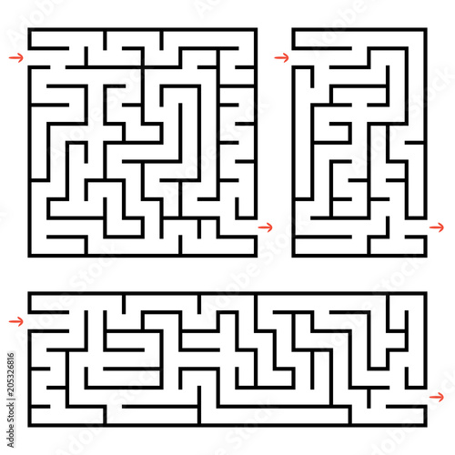 A set of square and rectangular labyrinths with entrance and exit. Simple flat vector illustration isolated on white background.