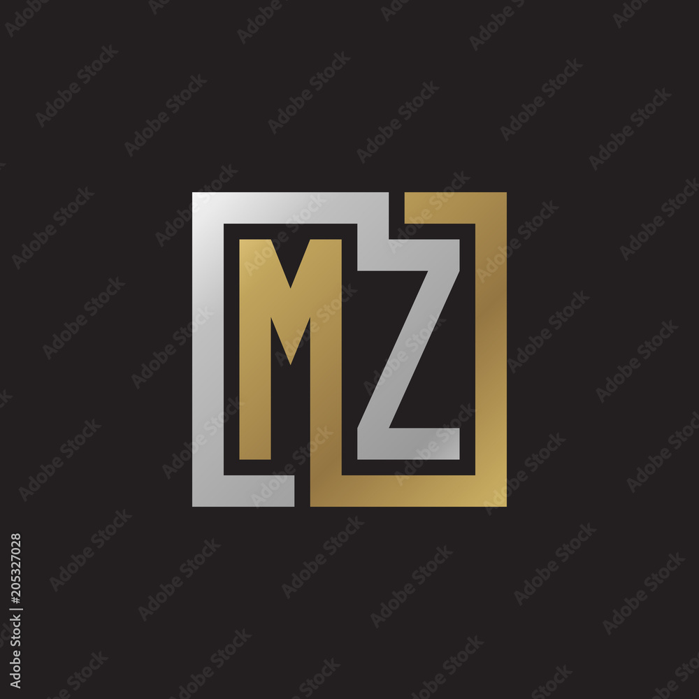 Initial letter MZ, looping line, square shape logo, silver gold color on black background Initial letter MZ, looping line, square shape logo, silver gold color on black background