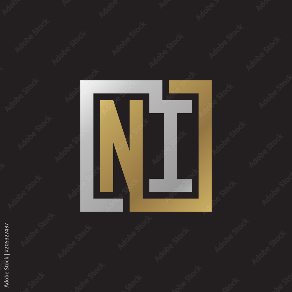 Initial letter NI, looping line, square shape logo, silver gold color on black background Initial letter NI, looping line, square shape logo, silver gold color on black background