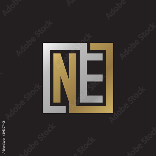 Initial letter NE, looping line, square shape logo, silver gold color on black background
