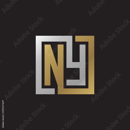 Initial letter NY, looping line, square shape logo, silver gold color on black background