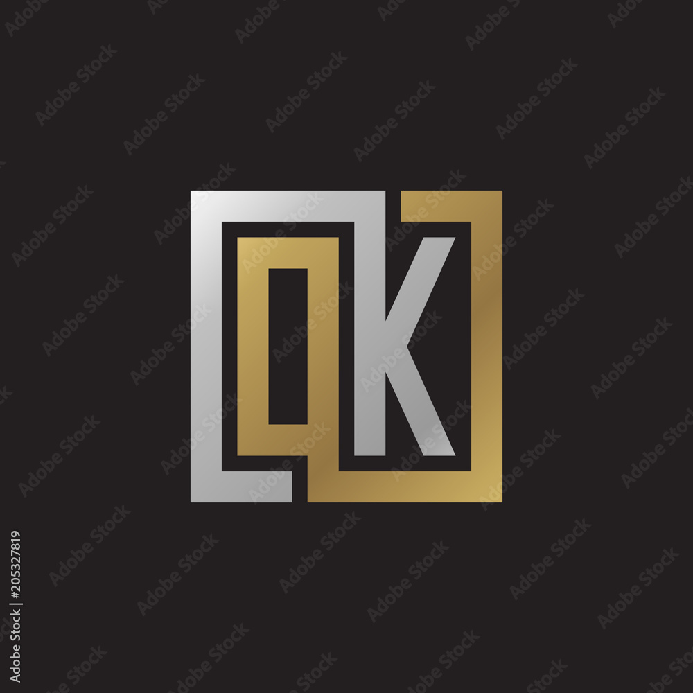 Initial letter OK, looping line, square shape logo, silver gold color on black background Initial letter OK, looping line, square shape logo, silver gold color on black background