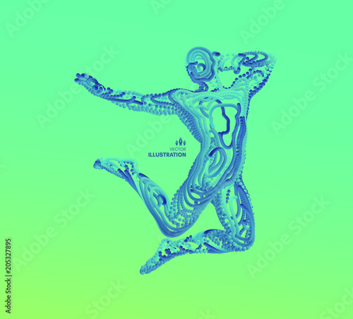 Jumping man. Freedom concept. 3d vector Illustration. Wire connection to virtual reality.