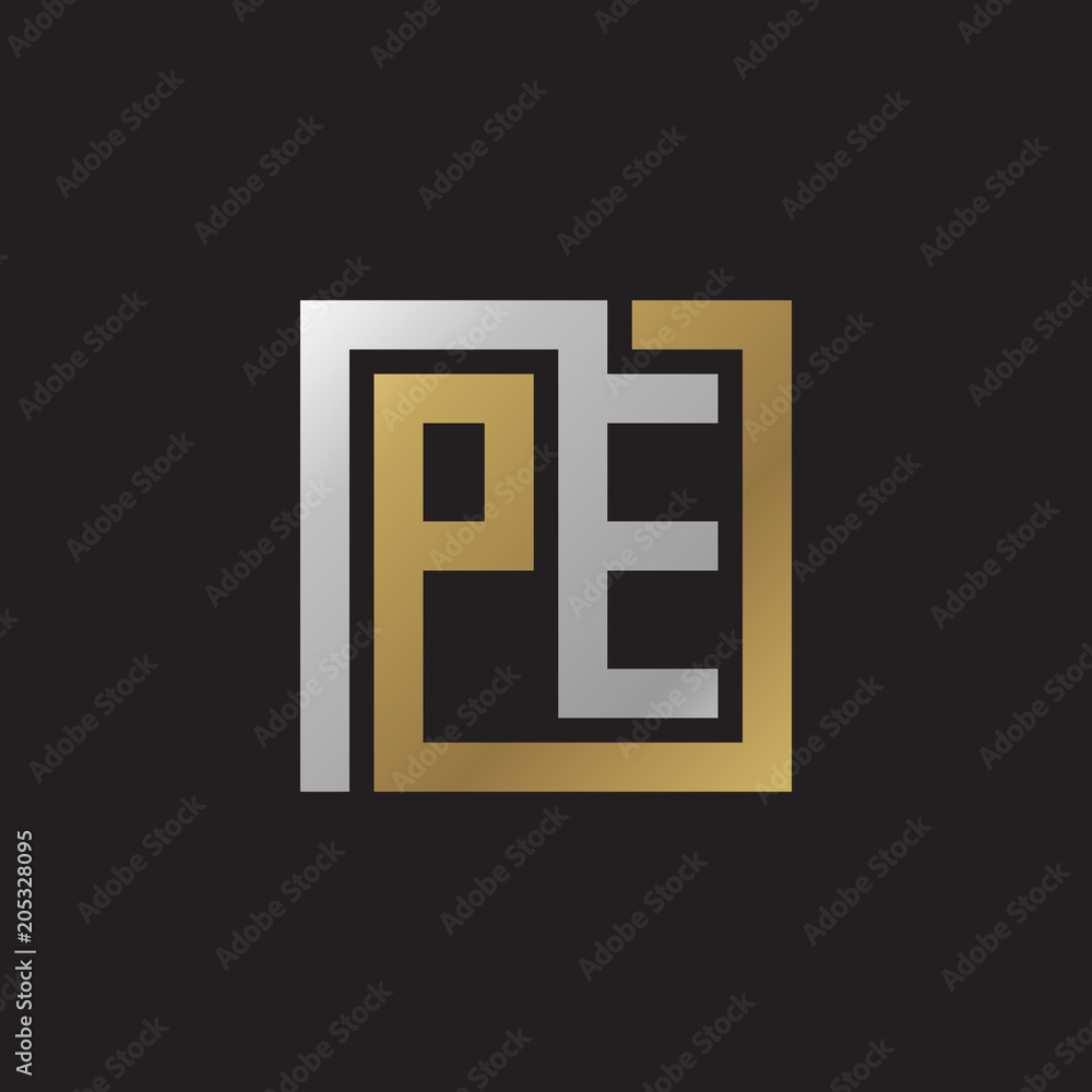 Initial letter PE, looping line, square shape logo, silver gold color on black background Initial letter PE, looping line, square shape logo, silver gold color on black background