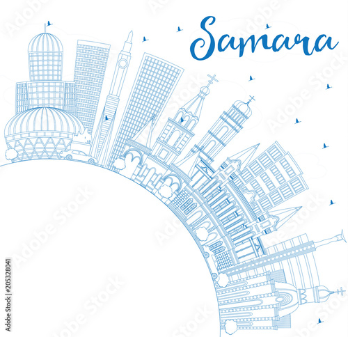 Outline Samara Russia City Skyline with Blue Buildings and Copy Space.