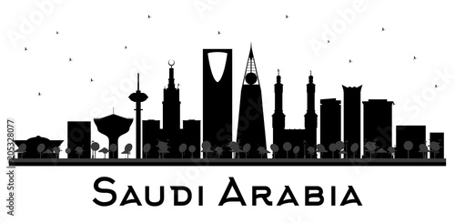 Saudi Arabia skyline black and white silhouette.