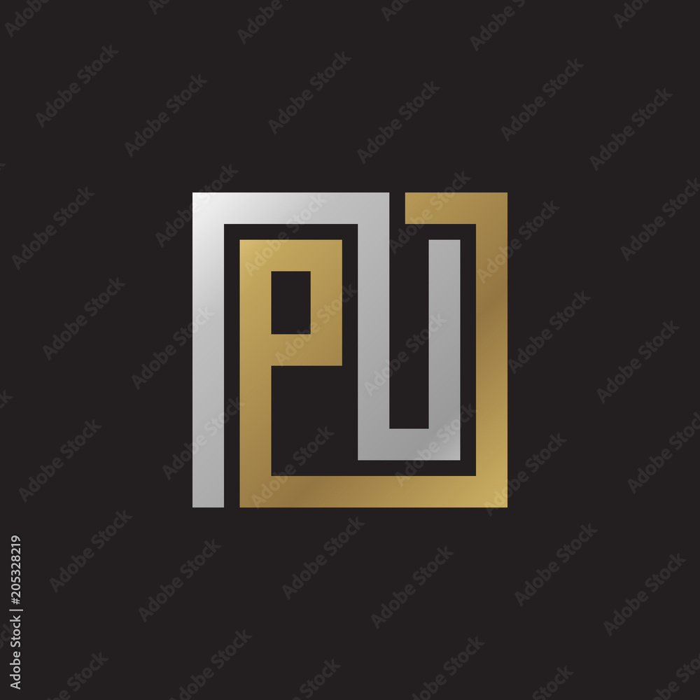 Initial letter PU, looping line, square shape logo, silver gold color on black background Initial letter PU, looping line, square shape logo, silver gold color on black background