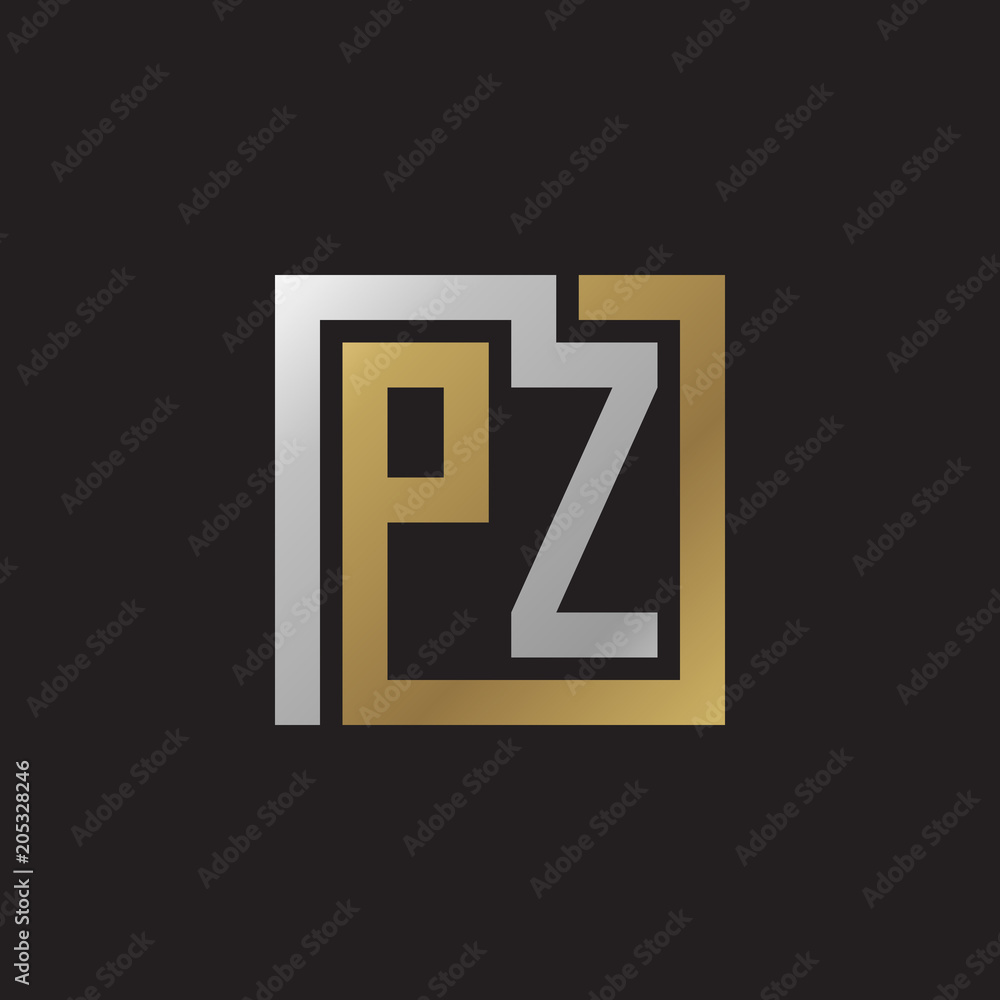 Initial letter PZ, looping line, square shape logo, silver gold color on black background Initial letter PZ, looping line, square shape logo, silver gold color on black background