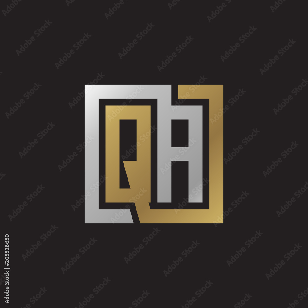 Initial letter QA, looping line, square shape logo, silver gold color on black background Initial letter QA, looping line, square shape logo, silver gold color on black background