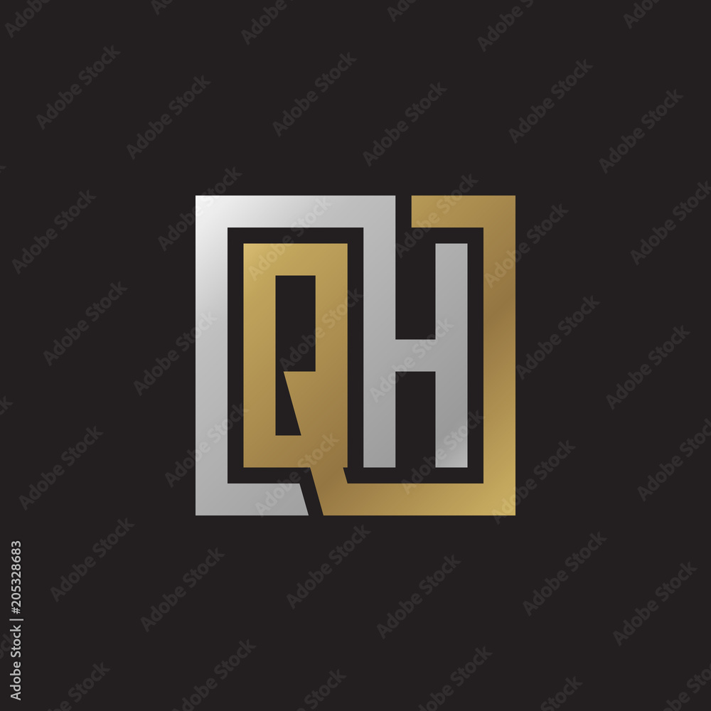 Initial letter QH, looping line, square shape logo, silver gold color on black background Initial letter QH, looping line, square shape logo, silver gold color on black background