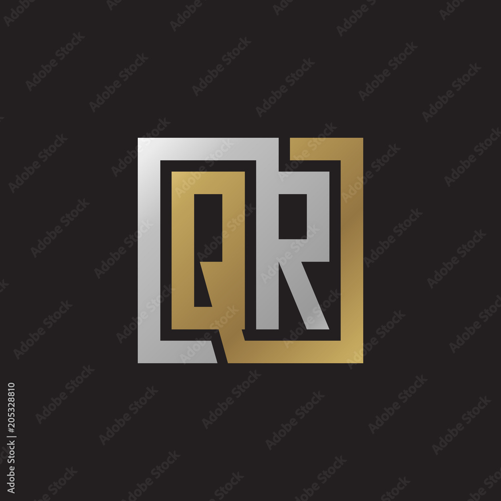 Initial letter QR, looping line, square shape logo, silver gold color on black background Initial letter QR, looping line, square shape logo, silver gold color on black background