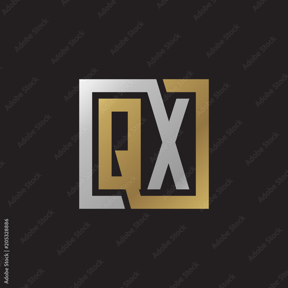 Initial letter QX, looping line, square shape logo, silver gold color on black background Initial letter QX, looping line, square shape logo, silver gold color on black background