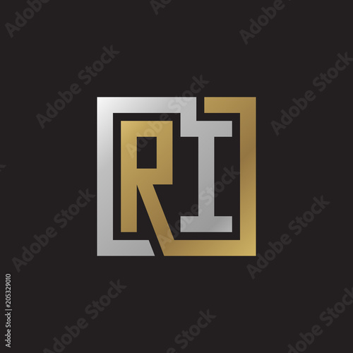 Initial letter RI, looping line, square shape logo, silver gold color on black background