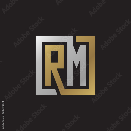 Initial letter RM, looping line, square shape logo, silver gold color on black background photo