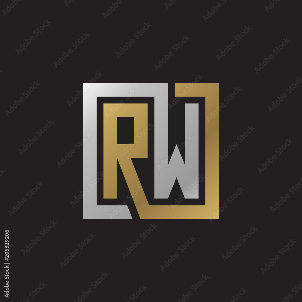Initial letter RW, looping line, square shape logo, silver gold color on black background Initial letter RW, looping line, square shape logo, silver gold color on black background