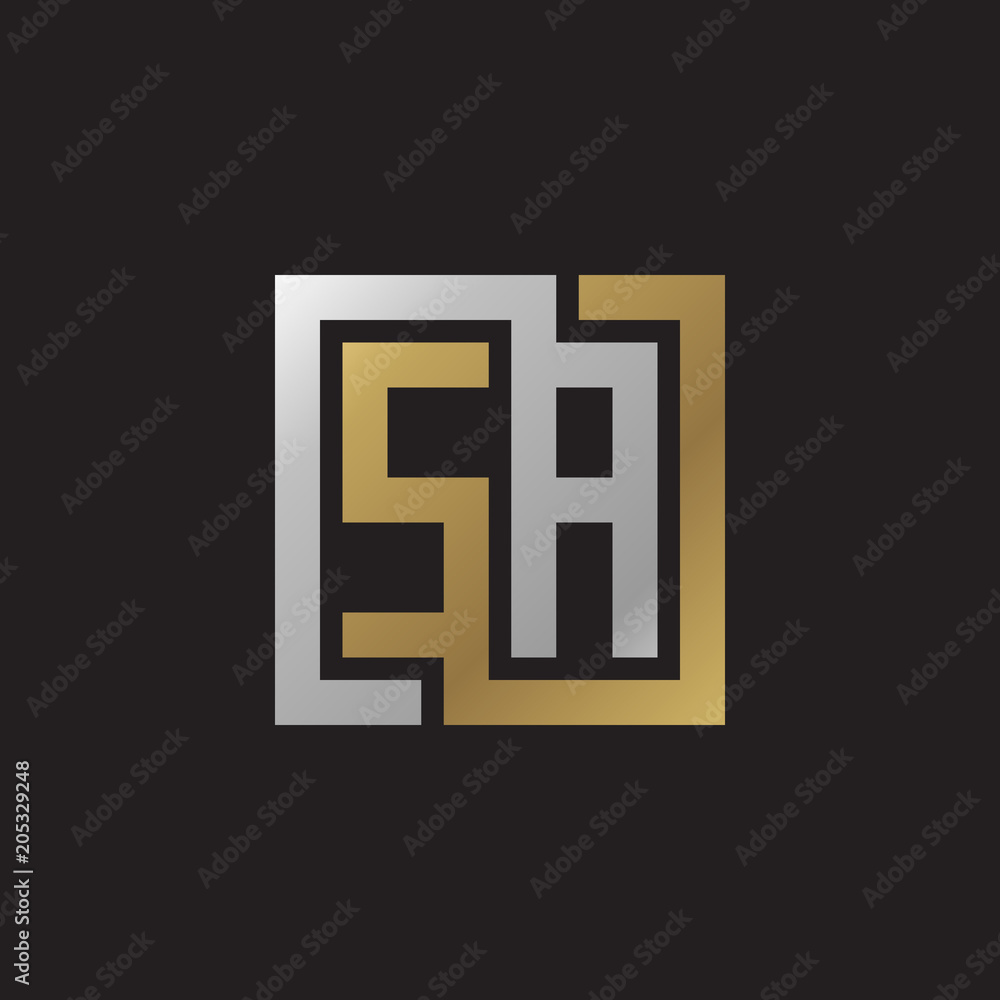 Initial letter SA, looping line, square shape logo, silver gold color on black background Initial letter SA, looping line, square shape logo, silver gold color on black background