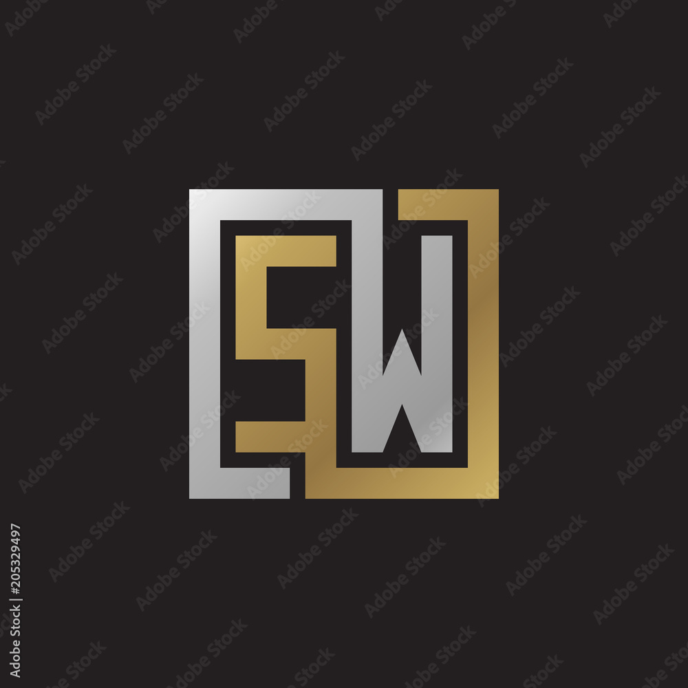 Initial letter SW, looping line, square shape logo, silver gold color on black background Initial letter SW, looping line, square shape logo, silver gold color on black background