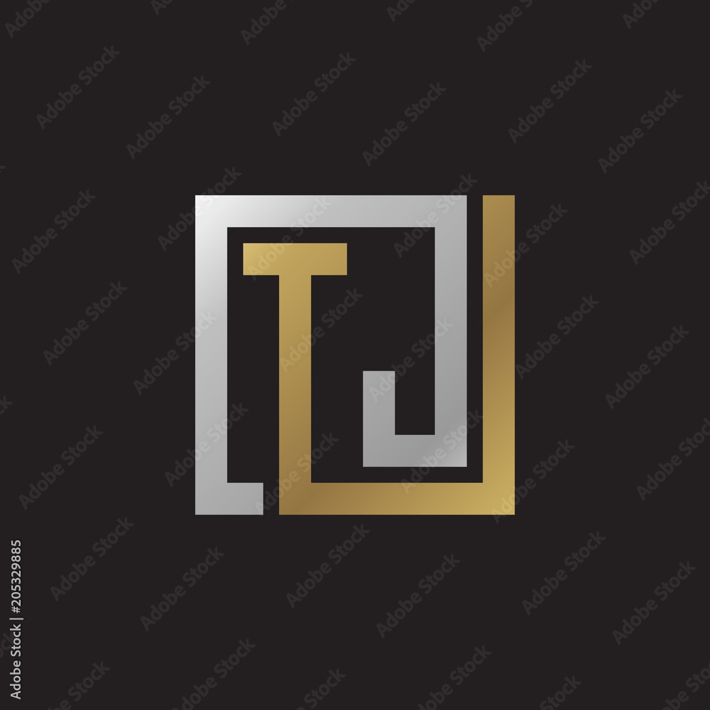 Initial letter TJ, looping line, square shape logo, silver gold color on black background Initial letter TJ, looping line, square shape logo, silver gold color on black background