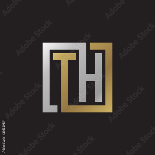 Initial letter TH, looping line, square shape logo, silver gold color on black background