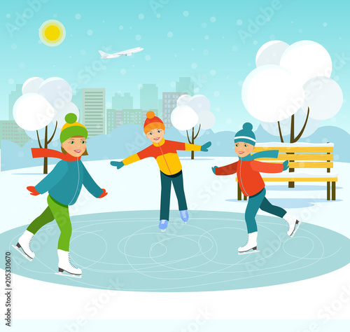 Happy children skate on a skating rink in the park. Vector flat illustration