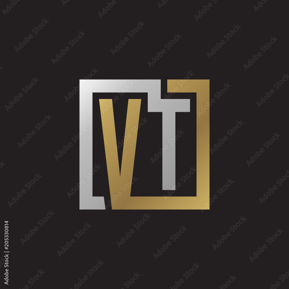 Fototapeta premium Initial letter VT, looping line, square shape logo, silver gold color on black background