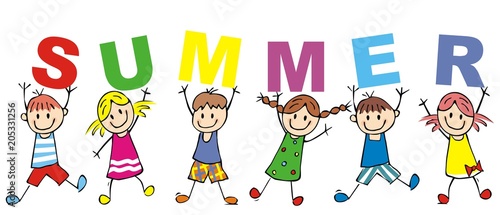 Happy kids and inscription summer, vector icon. Funny illustration, sketch. Children holds letters.