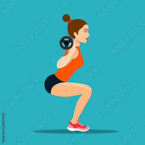 Young sportswoman in sportwear doing squats isolated. Vector flat style illustration