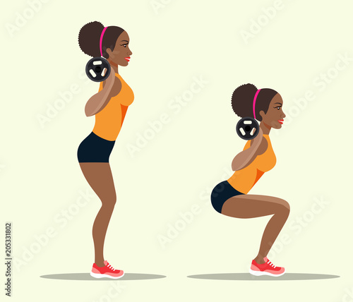 Young afro american sportswoman in sportwear doing squats. Vector flat style isolated illustration