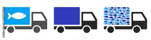 Fish delivery truck vector illustration set with collage elements filled by fish icons in blue and gray colors. Flat eco style with mosaic items.