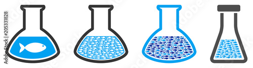 Fish liquid chemical retort vector illustration set with collage elements filled by fish icons in blue and gray colors. Flat eco style with mosaic items.
