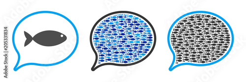 Fish mention balloon vector illustration set with collage elements filled by fish icons in blue and gray colors. Flat eco style with mosaic items.