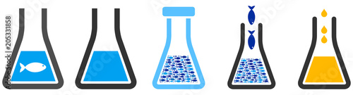 Fish oil analysis retort vector illustration set with collage elements filled by fish icons in blue and gray colors. Flat eco style with mosaic items.