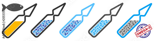 Fish omega-3 ampoule vector illustration set with collage elements filled by fish icons in blue and gray colors. Flat eco style with mosaic items.