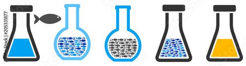 Fish omega-3 analysis flask vector illustration set with collage elements filled by fish icons in blue and gray colors. Flat eco style with mosaic items.
