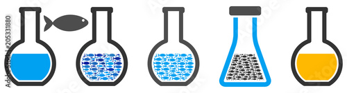 Fish omega-3 analysis retort vector illustration set with collage elements filled by fish icons in blue and gray colors. Flat eco style with mosaic items.