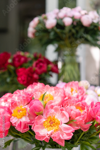 Lovely flowers in glass vase. Beautiful bouquet of peonies sort of coral charm. Floral composition, scene, daylight. Wallpaper