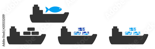 Fish trawler ship vector illustration set with collage elements filled by fish icons in blue and gray colors. Flat eco style with mosaic items.