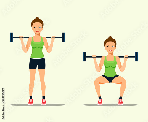 Young sportswoman in sportwear doing squats. Front view. Vector flat style isolated illustration