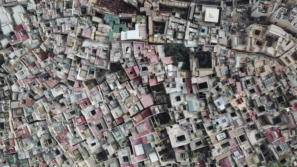Aerial view on the tannery leather manufacturing in old Medina in Fes, Morocco (Fes El Bali Medina), 4k Aerial view on the tannery leather manufacturing in old Medina in Fes, Morocco (Fes El Bali Medina), 4k
