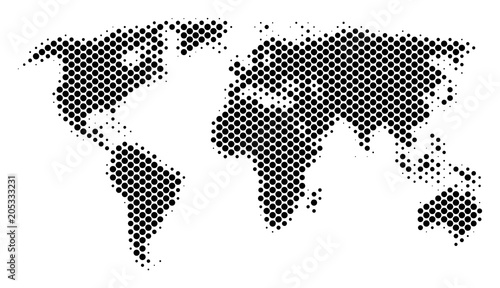 Abstract world map. Vector halftone territory scheme. Cartographic pixel abstraction. Schematic world map is designed of regular spheric spot matrix.